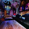 Gorgeous Bar Interior Design With Colorful Lighting Decorative Counter And Intricate Ceiling