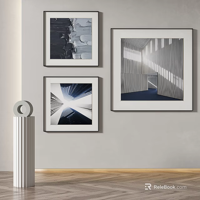 Modern Interior With Three Framed Abstract Artworks And White Decorative Column 3d model