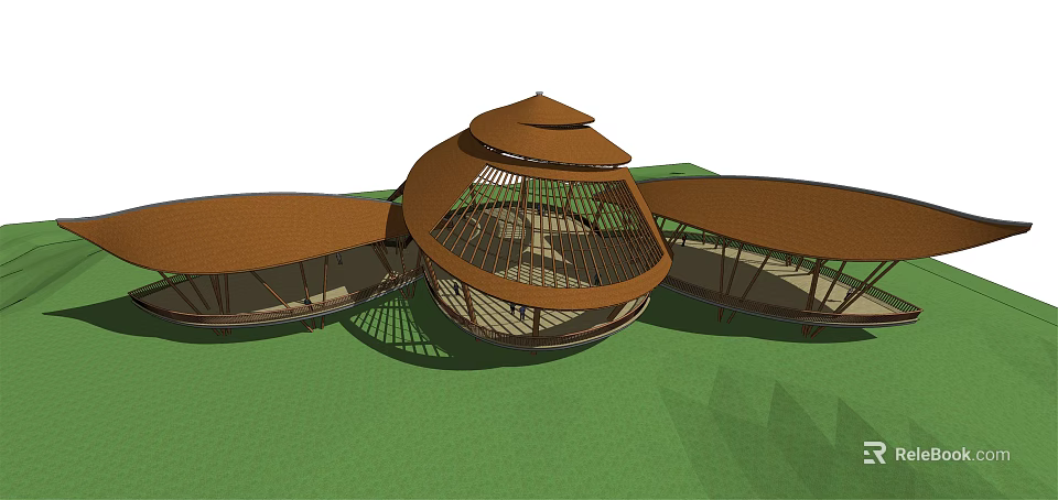 Roadside Facility With Unique Curved Roofs And Wooden Frame Structure In Green Area 3d model 