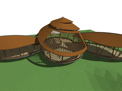 Roadside Facility With Unique Curved Roofs And Wooden Frame Structure In Green Area 3d model