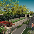 Serene Garden Landscape With Stone Pathway Lush Greenery Colorful Flowers And Visitor Walking