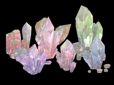 Colorful Stone Crystal Clusters With Pink Purple Green Hues And Varied Shapes On Black Background 3d model