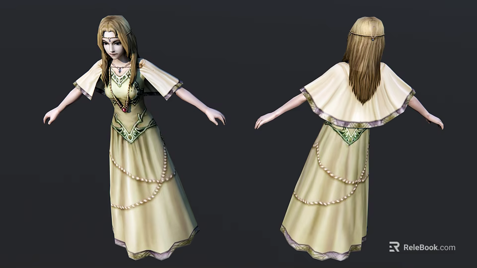 Game Movie Character Long Beige Dress Green Sash Beaded Details Blond Hair Front Back Views 3d model 