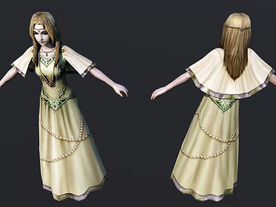 Game Movie Character Long Beige Dress Green Sash Beaded Details Blond Hair Front Back Views 3d model
