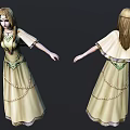 Game Movie Character Long Beige Dress Green Sash Beaded Details Blond Hair Front Back Views
