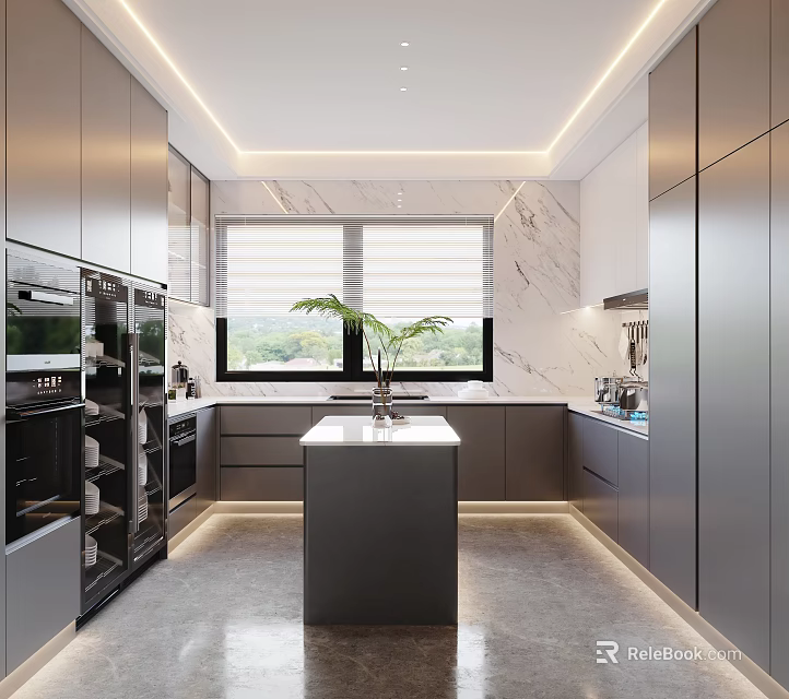 Modern Open Kitchen Interior Design With Island Counter Cabinets And Appliances 3d model 