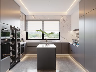 Modern Open Kitchen Interior Design With Island Counter Cabinets And Appliances 3d model