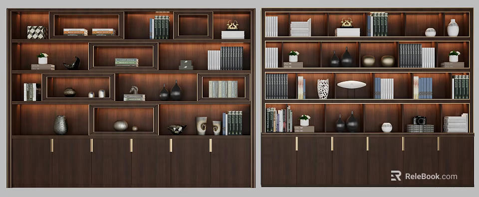 Modern Dark Wooden Bookcase with Multi Layer Shelves Books Decorative Vases Sculptures and Metal Handles 3d model 