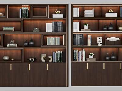 Modern Dark Wooden Bookcase with Multi Layer Shelves Books Decorative Vases Sculptures and Metal Handles 3d model