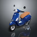 Blue Modern Scooter With Tan Leather Seat Round Headlight And Reflective Surface