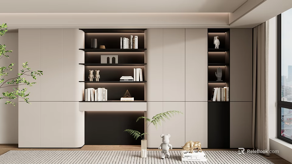 Modern Contemporary Bookcase With Open Shelves Books Decorative Items And Potted Plant 3d model 