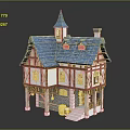 Cartoon Scene Of A House With Blue Roof Tower Wooden Elements And Steps