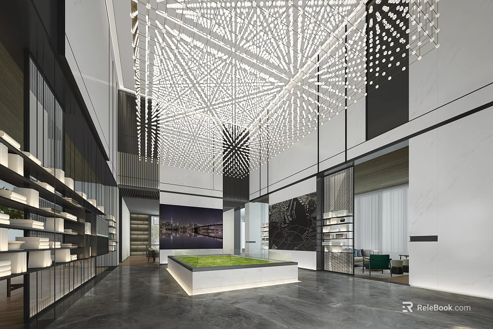 Modern Sales Office Interior With Spacious Lobby Featured Light Ceiling Green Area And Sofa Seating 3d model 