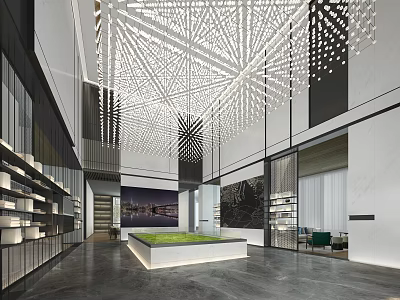 Modern Sales Office Interior With Spacious Lobby Featured Light Ceiling Green Area And Sofa Seating 3d model