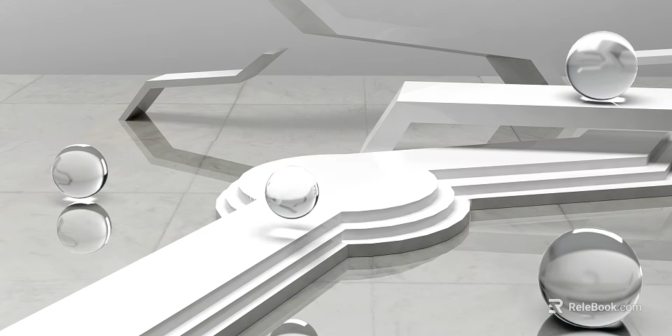 Abstract White Geometric Structure With Reflective Surface And Metal Sphere Accent 3d model 