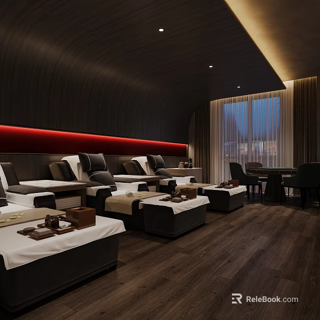Modern SPA Sauna Interior With Dark Wooden Walls Red Lighting And Relaxation Beds 3d model 