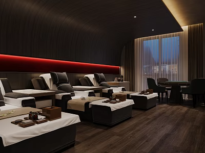 Modern SPA Sauna Interior With Dark Wooden Walls Red Lighting And Relaxation Beds 3d model