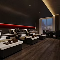 Modern SPA Sauna Interior With Dark Wooden Walls Red Lighting And Relaxation Beds