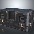 Futuristic Black Sci Fi Device With Metallic Clasps And Textured Surface Mechanical Storage Container Design