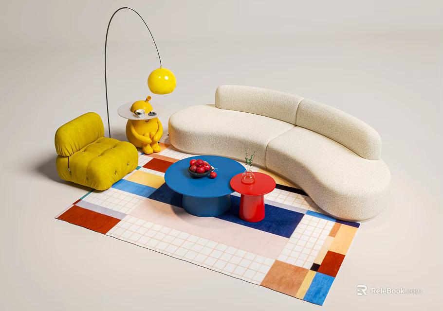 Modern Curved Plush Sofa And Vibrant Coffee Table Set For Cheerful Bright Living Room Decor 3d model 