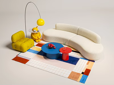 Modern Curved Plush Sofa And Vibrant Coffee Table Set For Cheerful Bright Living Room Decor 3d model