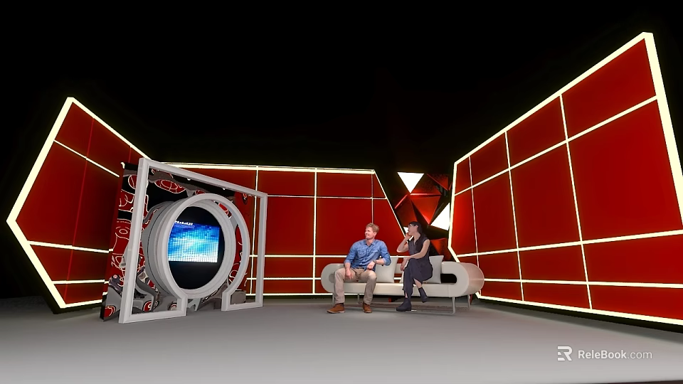 Two People Sitting On Sofa In Room With Red Walls Geometric Decorations And Circular Screen 3d model 