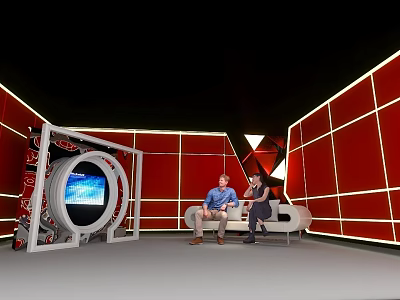 Two People Sitting On Sofa In Room With Red Walls Geometric Decorations And Circular Screen 3d model