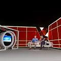 Two People Sitting On Sofa In Room With Red Walls Geometric Decorations And Circular Screen