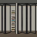 Modern Glass Folding Doors With Black Frame In Interior With Bookshelf And Wooden Floor
