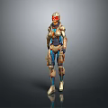 Futuristic Game Movie Character In Metallic Armor With Red Blue Details And Humanoid Figure Design