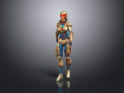 Futuristic Game Movie Character In Metallic Armor With Red Blue Details And Humanoid Figure Design 3d model
