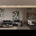 Modern Elegant Living Dining Room Interior Design With Black Sofa Dining Table And Artwork