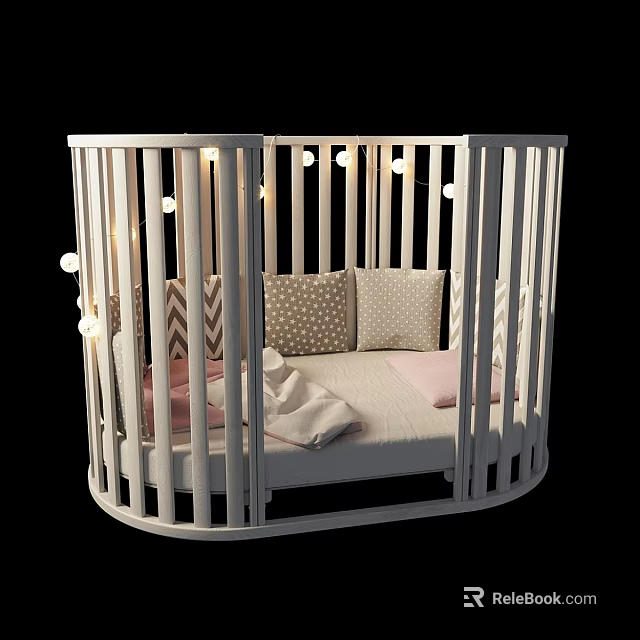 White Round Guardrail Kids Bed With String Lights Patterned Pillows And Pink Blanket 3d model 