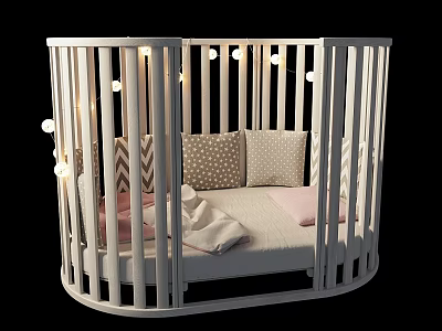 White Round Guardrail Kids Bed With String Lights Patterned Pillows And Pink Blanket 3d model