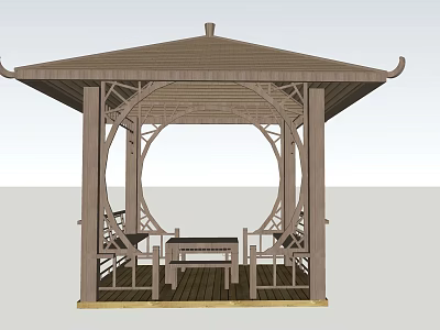 Traditional Chinese Wooden Pavilion With Circular Openwork Design Roof And Seats 3d model