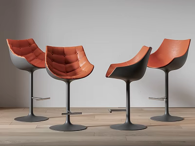 Modern Bar Stools With Orange Leather Upholstered Seats And Sturdy Black Base 3d model