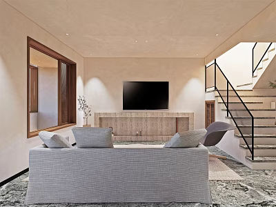 Modern Living Dining Room Interior With Grey Sofa TV Wall And Staircase 3d model