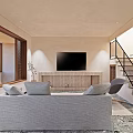 Modern Living Dining Room Interior With Grey Sofa TV Wall And Staircase