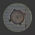 Circular Manhole Cover on Gray Brick Pavement With Grid Design and Small Green Plant