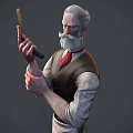 Three Angles View Of Bearded Character 3D Model Holding Gun With Hat Vest And Apron