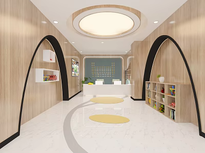 Modern Lobby Interior With Arched Wooden Walls White Marble Floor Yellow Rugs And Reception Desk 3d model