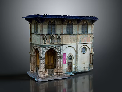 Cartoon Scene Featuring Classical Style Building With Arched Doorway Blue Roof Windows And Pink Sign 3d model