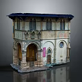 Cartoon Scene Featuring Classical Style Building With Arched Doorway Blue Roof Windows And Pink Sign