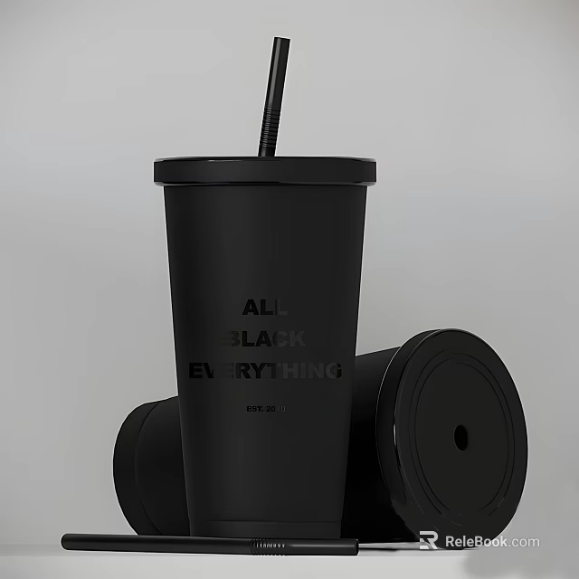 Black Tumbler With Straw And Lid Featuring Text AL BLACK EVERYTHING 3d model 
