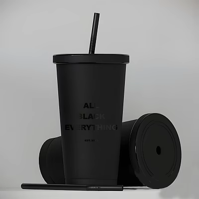 Black Tumbler With Straw And Lid Featuring Text AL BLACK EVERYTHING 3d model