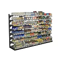 Retail Display Shelves With Multi Tiered Racks Stocked Various Assorted Products