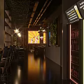 Modern Bar Interior With Dining Tables Wine Glasses Large Screen And Decorative Chandeliers