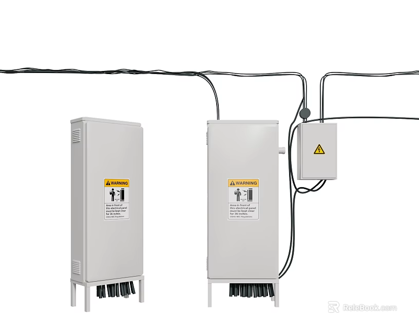 White Industrial Electrical Enclosures With Warning Labels And Connected Cables 3d model 