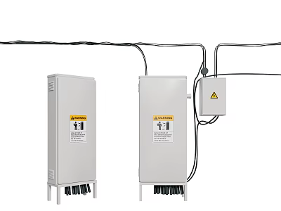 White Industrial Electrical Enclosures With Warning Labels And Connected Cables 3d model