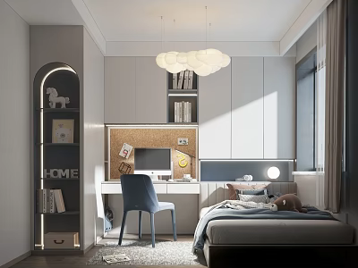Modern Tatami Bedroom Interior Design With Study Desk Chair Bookshelf And Pendant Lights 3d model